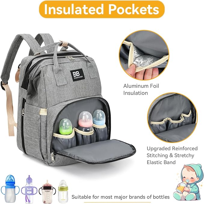 Diaper Bag Backpack with Changing Station – Large Waterproof Baby Bag for Moms & Dads, Pañaleras para Bebe, Multifunctional Diaper Backpack for Baby Girl, Travel Essentials (Gray)