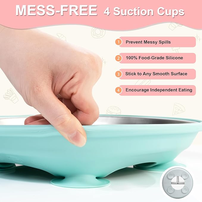Bella's Friends Stainless Steel Toddler Plates Silicone Suction,3 Packs Non-Slip Baby Plates,Divided Portion,Food-Grade Silicone Plate for Kids,LEAD-FREE Dishwasher Safe, Gray White Pink