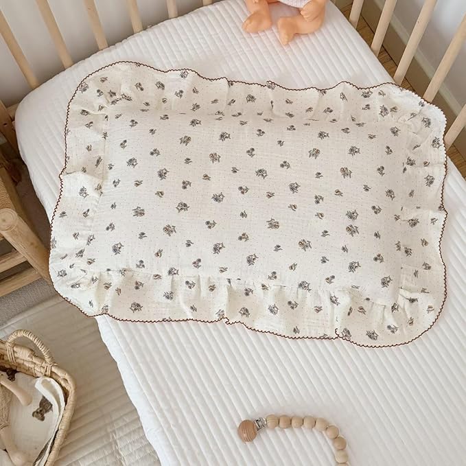 BuLuTu Crib Size Toddler Pillowcase 1 pc, 14"x20", Oeko-TEX Certified 100% Cotton Gauze Pillow Cases for Girls Boys Sensitive Skin, Pansy Floral Print with Dots Pillow Cover, Soft Breathable