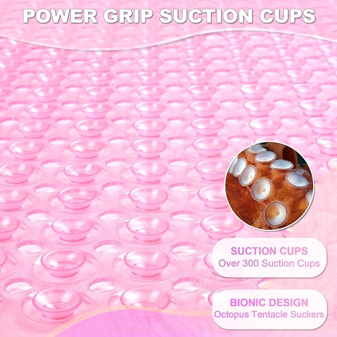 Linoows Bathtub and Shower Mats, 40x16 Inch Extra Large Non Slip Soft Bath Tub Mat with Suction Cups and Drain Holes for Bathroom Floor and Keep Tubs Clean, Machine Washable, Clear Pink