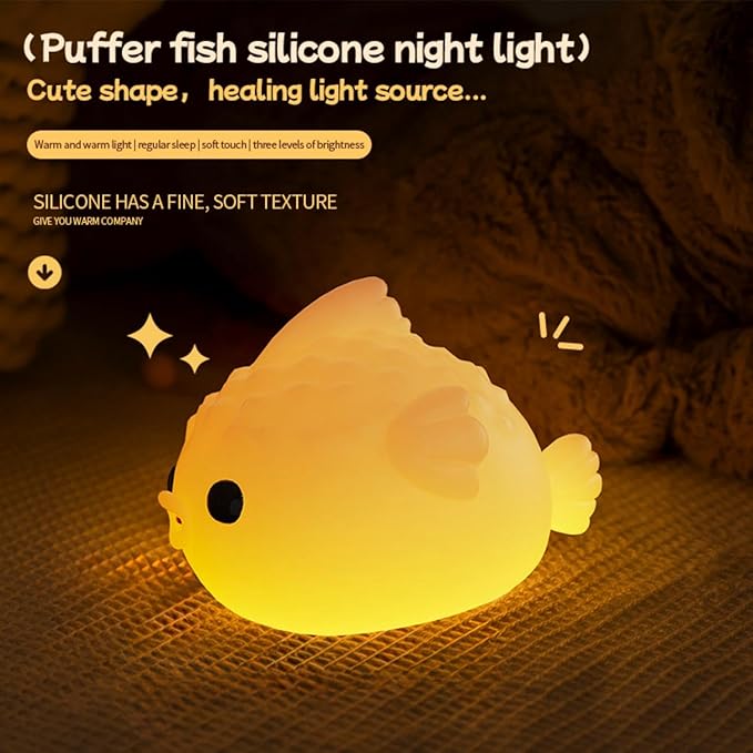 White Pufferfish Night Light - Silicone Touch Sensor Lamp for Nursery, 3 Adjustable Brightness, USB-C Rechargeable Baby-Safe Bedside Light, Modern Kids Room Decor & Toddler Sleep Aid