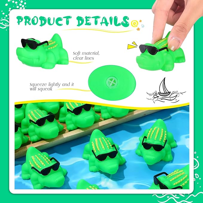 50 Set Mini Rubber Alligator with Sunglasses Bath Toy Bulk Tiny Small Crocodiles Bathtub Float Squeak Toy for Shower Birthday Summer Pool Beach Party Decoration