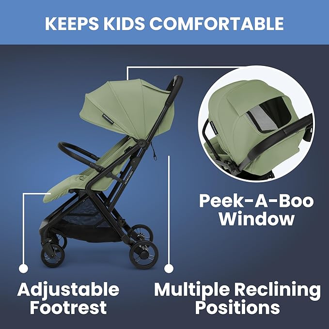Delta Children Icon Ultra Compact Lightweight Everyday & Travel Stroller - One-Hand Fold - Only 15.6 lbs- Fits in Overhead Compartments - Greenguard Gold Certified - Multi-Position Recline, Sage Green