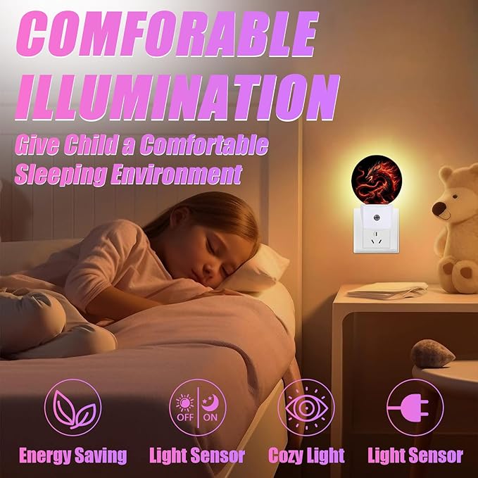 Red Dragon Night Light LED Lamp Round Plug into Wall Nightlight with Dusk to Dawn Sensor Home Hallway Stairway Kitchen Decor