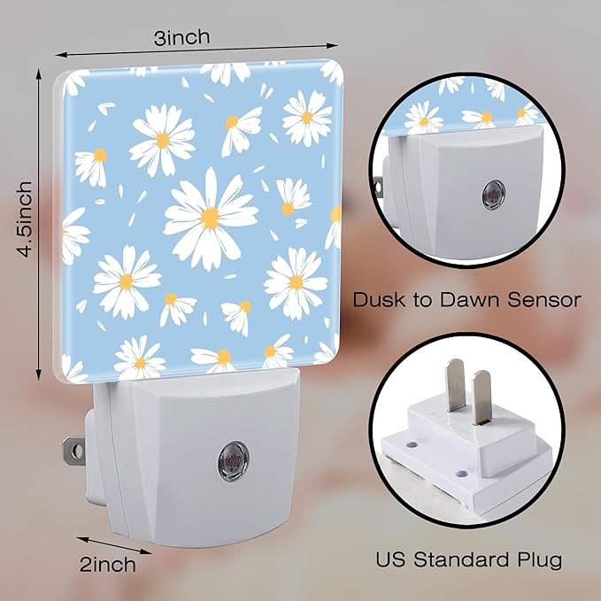 Watercolor White Daisies Flowers Night Light for Kids,Abstract Floral Flying Petals Night Light Plug in with Dusk to Dawn Sensor,0.5w Energy Saving Nightlight for Hallway Stairway Kitchen Bedroom