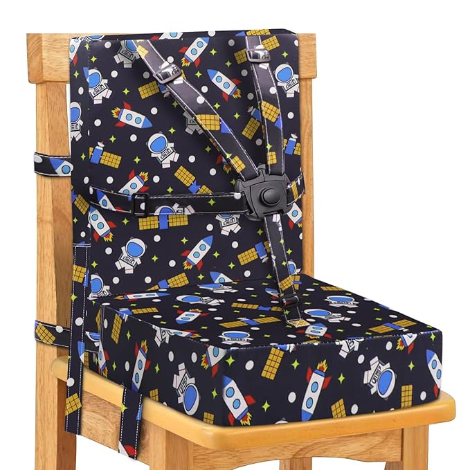 Toddler Booster Seat for Dining Table, Adjustable Safety Buckle Child Booster Seat with Backrest, PU Waterproof Easy Cleaning Portable Booster Cushion (Black)
