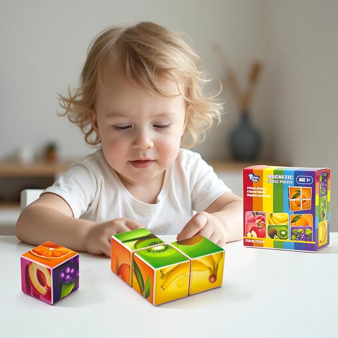 Magnetic Blocks Toddler Toys, 1.65 inch Large Building Cubes for Kids Boys & Girls Age 1+, Fruit Magnet Puzzle Cubes, Preschool Educational Brain Teaser Toys