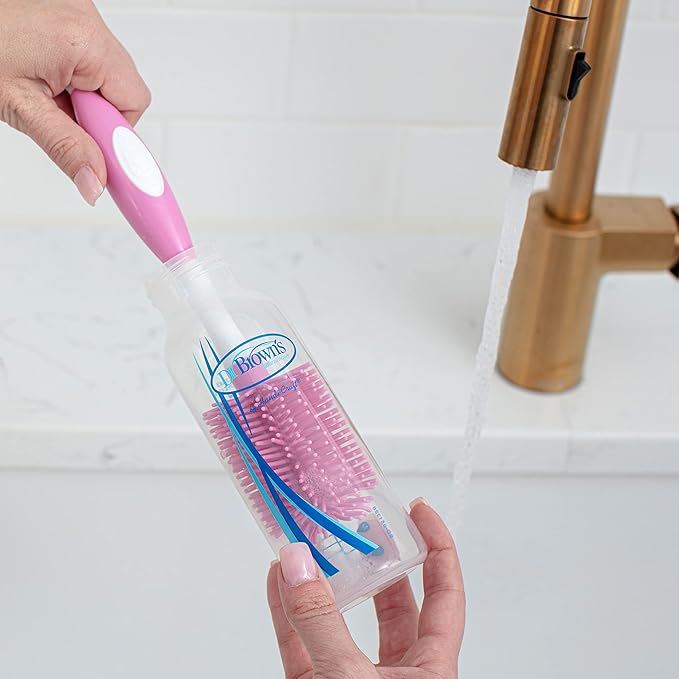 Dr. Brown's Soft Touch No Scratch Baby Bottle Cleaning Brush Nipple Cleaner with Stand and Storage Clip, BPA Free, Pink 1-Pack