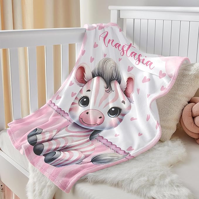 Personalized Baby Blanket for Girls, Custom Baby Blanket with Name, Soft Cozy Personalized Name Blankets for Kids, Customized Zebra Blanket for Infant Toddler Birthday Christmas