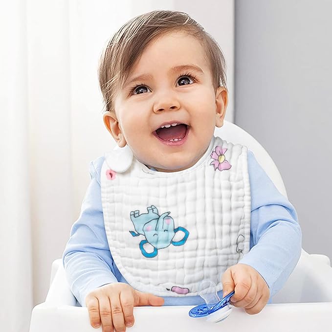 Zainpe 6Pcs Snap Muslin Cotton Baby Bibs Elephant Whale Rabbit Pattern Feeding Bib Adjustable Machine Washable Unisex Burp Cloths with 6 Absorbent & Soft Layers for Boys Girls Drooling Teething Eating