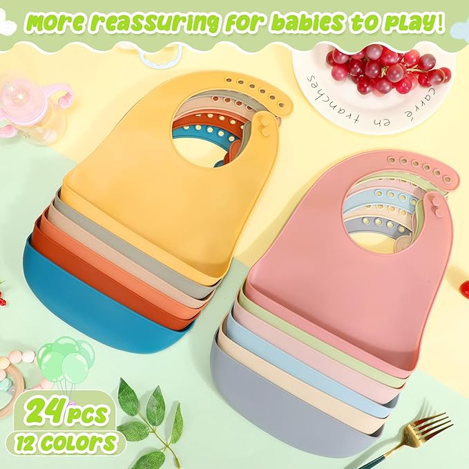 Tioncy 24 Pcs Silicone Bibs for Babies Toddlers Waterproof Adjustable Soft Durable Feeding Baby Bibs Gifts with Food Catcher for Kindergarten Nursery Preschool Children