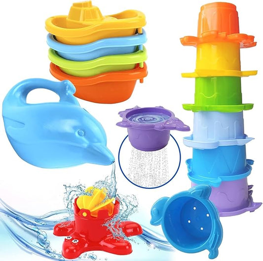 uToyz Bath Toys for Toddlers – Toddler Toys with 12pcs Rainbow Stacking Cups, Boats, & Dolphin-shaped Baby Watering Can, Baby Bath Gift & Toddler Toy for One Year Old Girl Gifts, Water Toy for Ages 1+