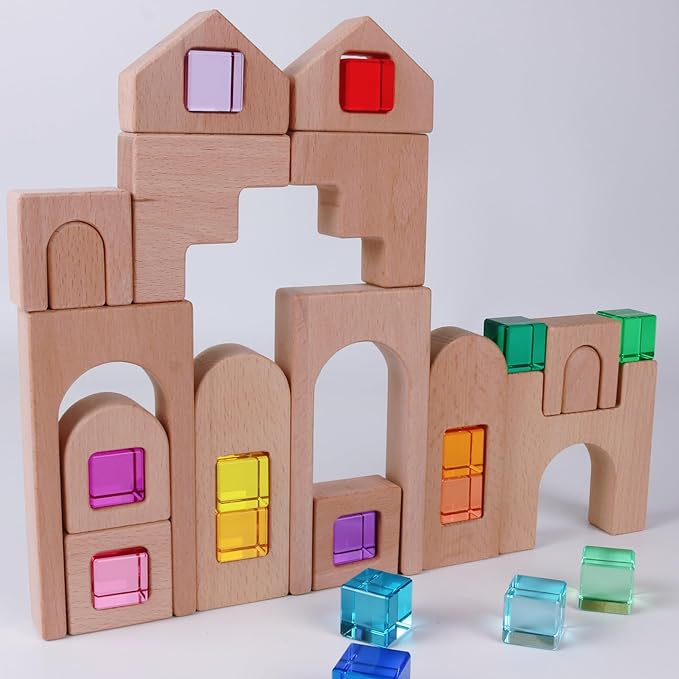 31PCS Wooden Castle Arch Building Blocks Set with Colorful Acrylic Inserts, Educational Construction Toy for Toddlers (31PCS Colorful House)