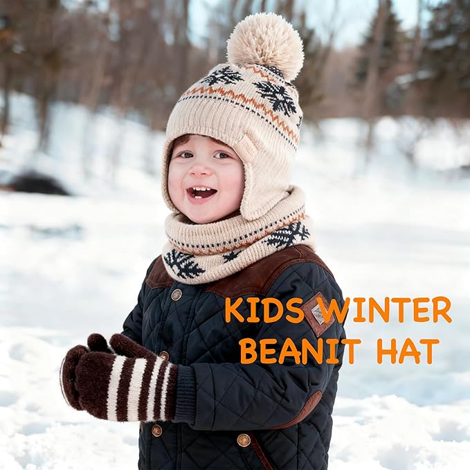 Beanie Knit Hats for Toddlers with Earflap Fleece Lined Hat Kids Warm Winter Hat Scarf Set Children's Thick Ski Cap