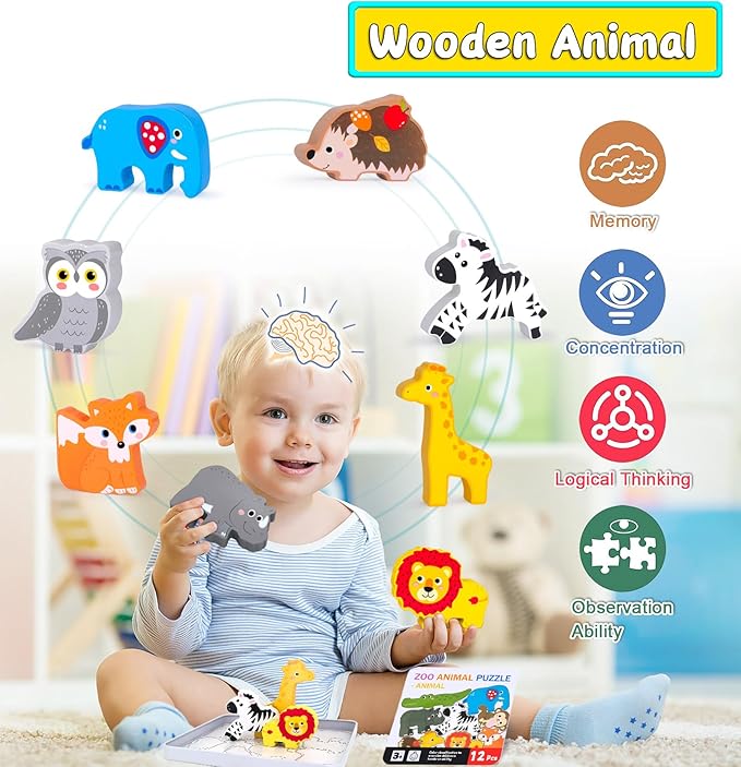 Wooden Animal Puzzles Toys for Toddlers,24 Pcs Farm and Safari Animal Figures,Animal Matching Sorting Stacking Toys for Boys Child Girls,Educational Learning Toys Gift for Kids