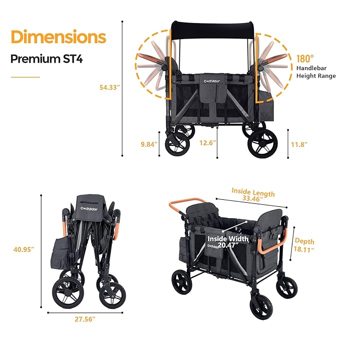 Premium 4-Seater Wagon Stroller for Kids, All-Terrain Heavy Duty Stroller Wagon with 300lb Capacity, 1-Hand Fold, High Seats with 5-Point Harness, Adjustable Canopy & Handlebars, Dark Gray