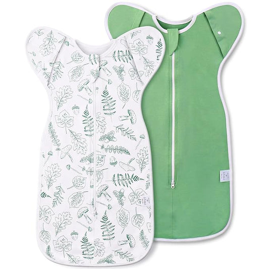 2-Pack Baby Transitional Swaddle Sleep Sack - Arms Up Swaddle 3-6 Months for Infants with Cuff Removable Design & 2-Way Zipper, Green Leaves Newborn Sack