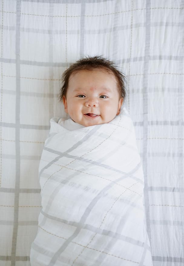 Little Unicorn Premium Cotton Swaddle Baby Blanket | Breathable Fabric | for swaddling, Play, Nursing & More (Grey Plaid)