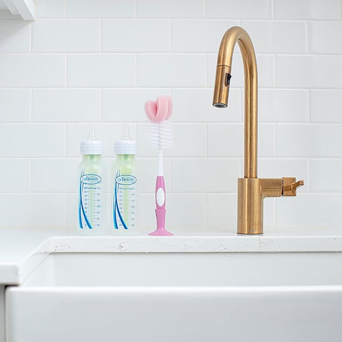 Dr. Brown's Reusable Sponge Baby Bottle Cleaning Brush Set with Suction Cup Stand, Scrubber and Nipple Cleaner, Pink, 3 Pack