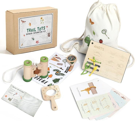 WOODEN TEETHER Kids Explorer & Adventure Kit for Ages 4–8, Wooden Knot Board (7 Step Cards) & Scrapbook, with Binoculars, Compass & Magnifying Glass, STEM Nature Exploration Toy