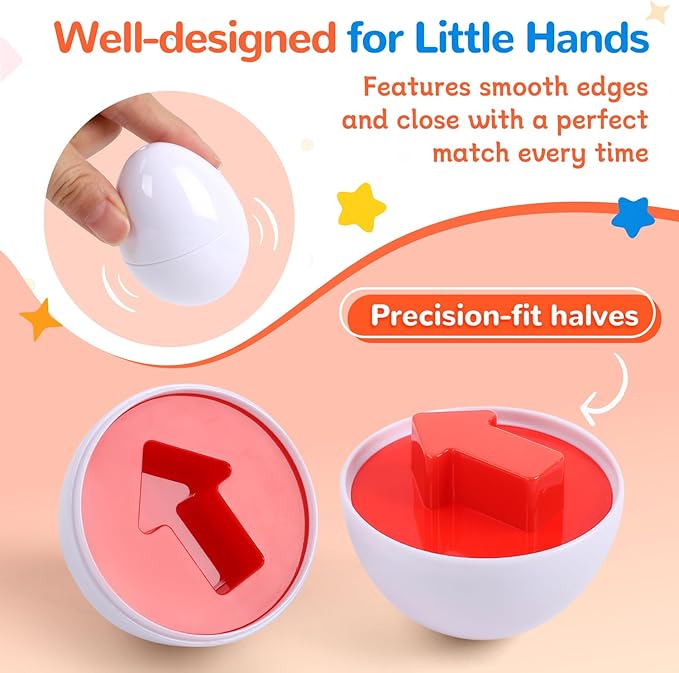 USATDD Matching Eggs for Toddlers Montessori Color & Shape Recognition Toy, Fine Motor Skills Shape Sorter Puzzle, Educational Montessori for Kids,12pcs Eggs Toy