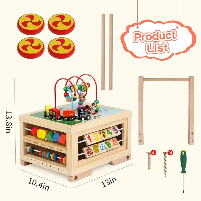 Wooden Activity Cube 7-in-1 Montessori Toys for 1+ Year Old Boys Girls Educational Learning Toys for Toddlers Age 1-2 One Year Old First Birthday Gift Bead Maze Magnetic Trains Track Shape Sorter