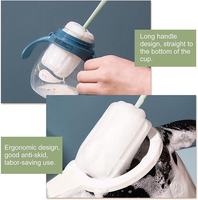 4 Pcs Sponge Bottle Brush, Long Handle Bottle Brush Portable Bottle Cleaning Brush with Handle for Bottles Cups Teapot