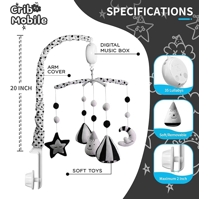 FEISIKE Baby Crib Mobile, Crib Toys Hanging with 35 Lullabies, 3 Modes Digital Musical Box（Turn Only, Music Only, Turn & Music Newborn Baby Toys Black/White for Boys and Grils