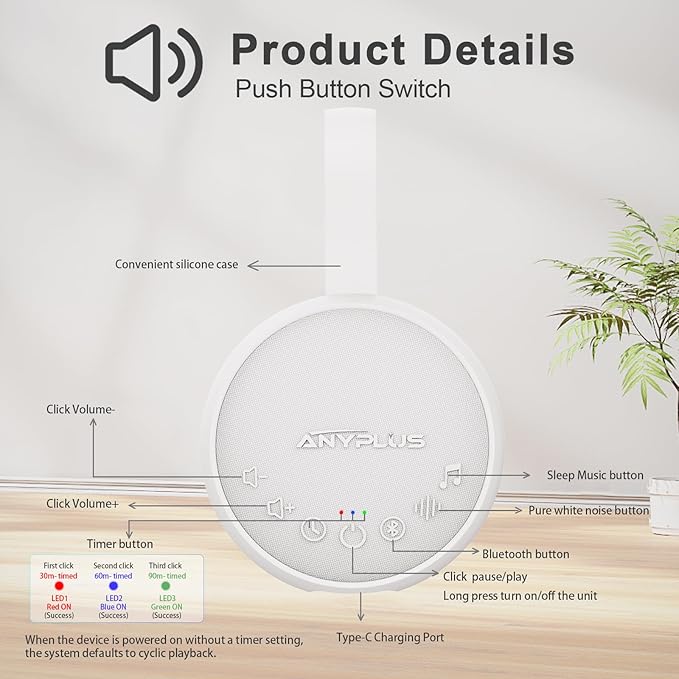 White Noise Sound Machine for Sleeping Adults & Baby, Portable Noise Machine with 24 Soothing Sounds, Bluetooth 5.1, Battery Powered, 3 Timer Settings, Memory Function for Home, Office, Travel (White)