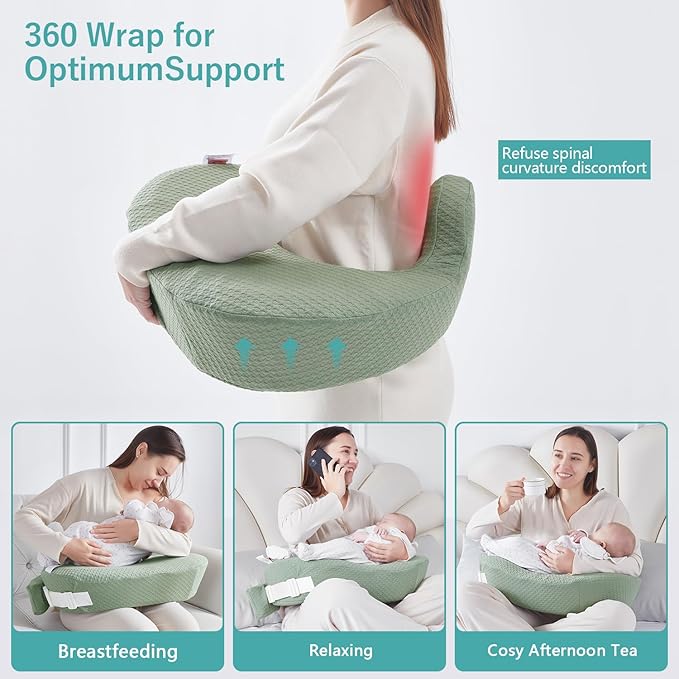 QSTEHEML Nursing Pillow for Breastfeeding - Adjustable Breastfeeding Pillows for Women with More Support & Removable Cover, Baby Feeding Pillow for Newborn Moms and Baby Essentials,Green