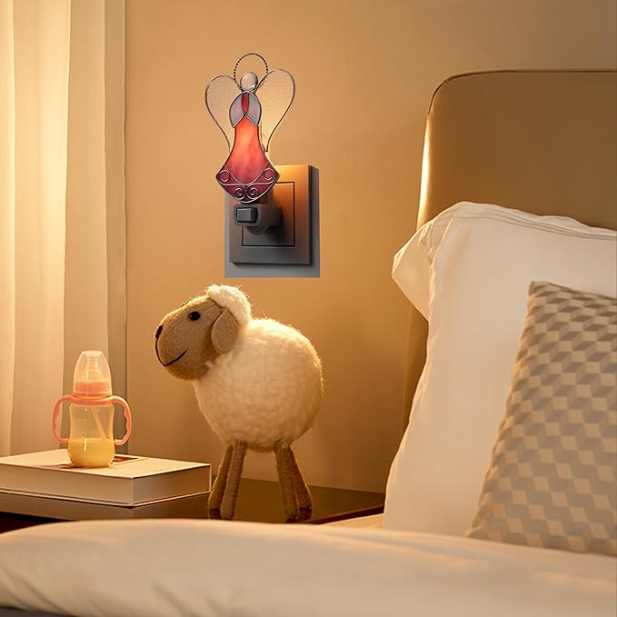 Night Lights Plug Into Wall Stained Glass 7W Plug in Night Light Dusk to Dawn 3000K Warm White Nightlight Switch-On/Off for Adult Kids Room Bathroom Hallway Kitchen Non-Dim (Pink Angel 5" H)