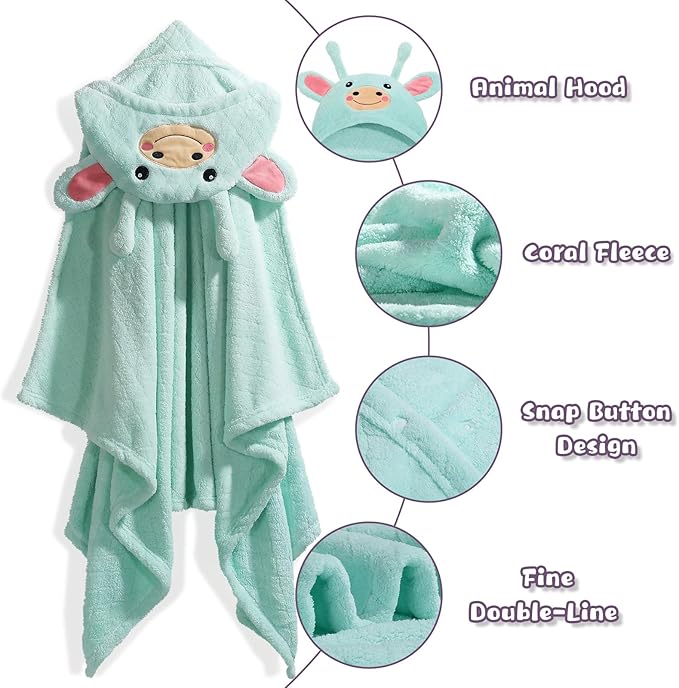Hooded Bath Towels for Babies, 50 * 32 Inches Skin-Friendly Baby Towel with Animal Hood, 2-Pack Ultra Absorbent Thick Soft for Boys&Girls, White Sheep & Green Giraffe
