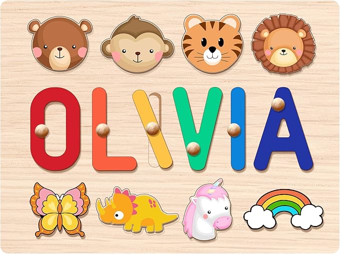 Name Puzzle for Kids Personalized - 1 Year Old Girl Gifts - Personalized Birthday Baby Gifts Toys for 1-3 Year Old Girls Boys Kids - Wooden Puzzle Engraved Text Blessing - Toddler Learning Toys