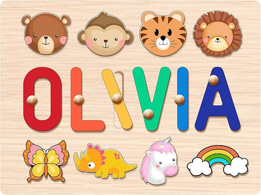 Name Puzzle for Kids Personalized - 1 Year Old Girl Gifts - Personalized Birthday Baby Gifts Toys for 1-3 Year Old Girls Boys Kids - Wooden Puzzle Engraved Text Blessing - Toddler Learning Toys