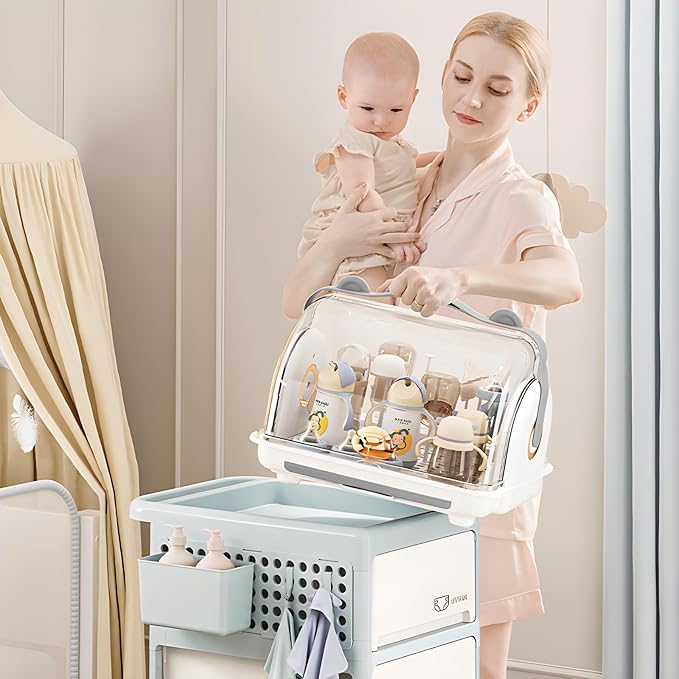 Baby Bottle Drying Rack Storage, Nursing Bottle Storage Box Organizer with Cover, Portable Kitchen Cabinet Organizer, Durable countertop Dryer (Grey)