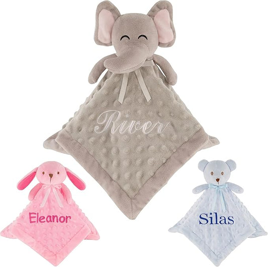 Personalized Baby Blanket Lovey with Custom Embroidered Name - Super Soft & Comfy Security Blankets for Babies - Stuffed Elephant Security Snuggle Toy - Soothing Loveys for Boys and Girls