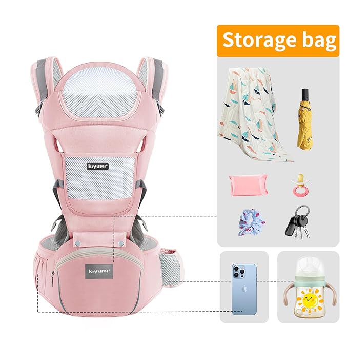 KIYUMI Baby Carrier with Hip Seat, Ergonomic M Position, Newborn to Toddler, Head Support and Breathable Mesh,Adjustable Removable 6- in-1 Baby Baby Sling Carrier (7-45 lbs) for Mom Dad, Pink