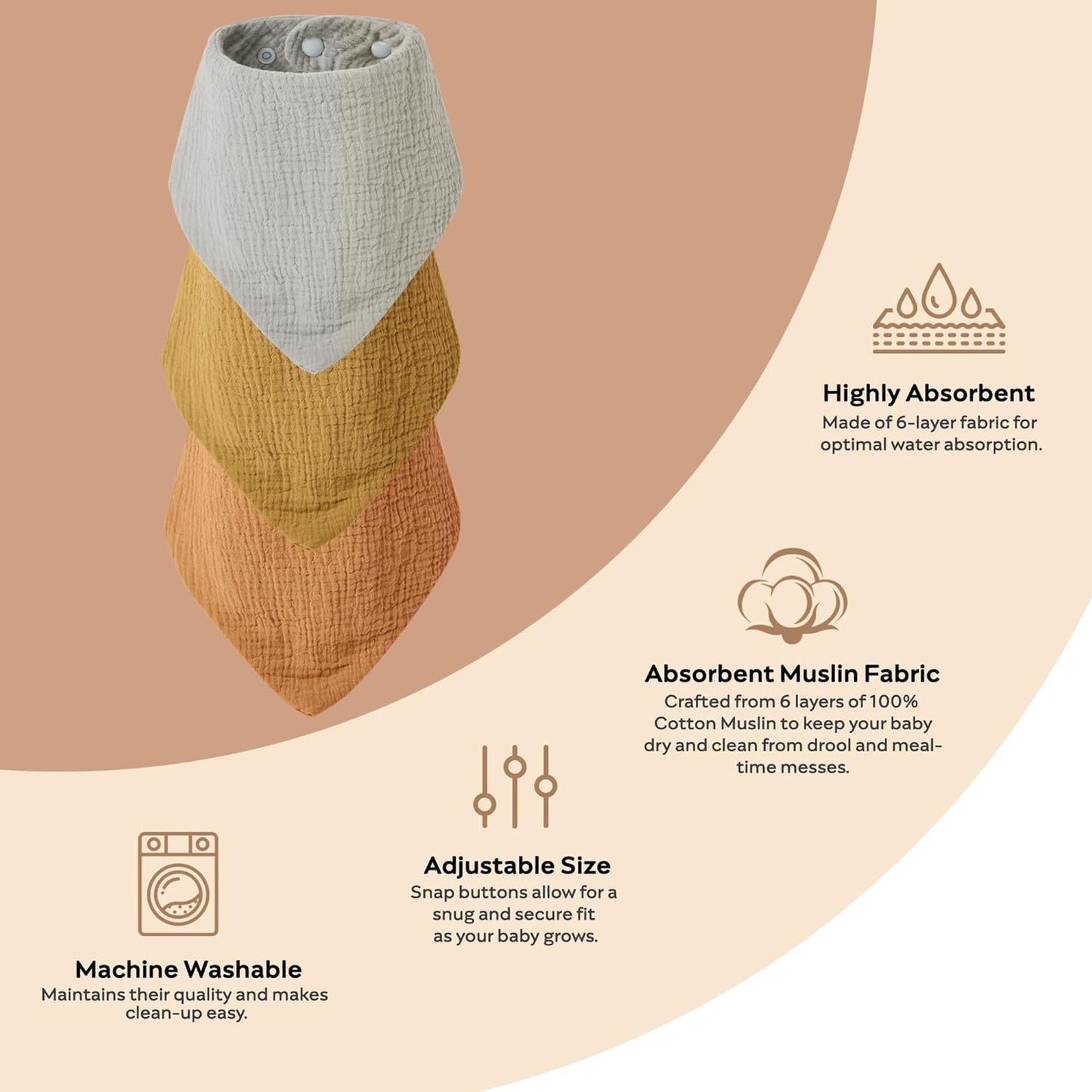 JELLYMONI 10 Pack Muslin Drool Bibs for Babies - Soft Adjustable Bandana Bib with Snaps, Absorbent Unisex Teething Bib for Newborn Girls & Boys