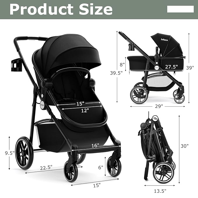 INFANS 2 in 1 Baby Stroller, High Landscape Infant Stroller & Reversible Bassinet Pram, Foldable Pushchair with Adjustable Canopy, Storage Basket, Cup Holder, Suspension Wheels (Black)