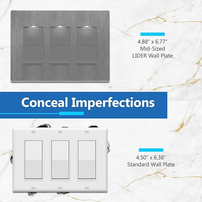 LIDER Brushed Finish Decorator Switch Cover, Screwless Wall Plate, Mid-Size 3-Gang 4.88" x 6.77", Unbreakable Polycarbonate Thermoplastic, UL Listed, LSWP-33M-BGY, Brushed Gray