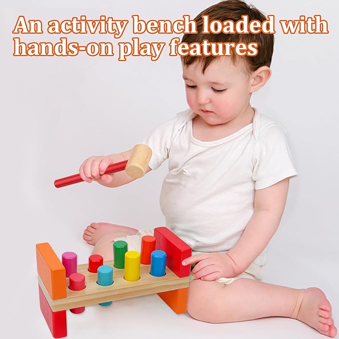 Hidoggy Wooden Hammer Toy for Toddlers 1-3, Montessori Pounding Bench Toy with 8 Pegs and Mallet for Hand-Eye Coordination, STEAM Toddler Toy