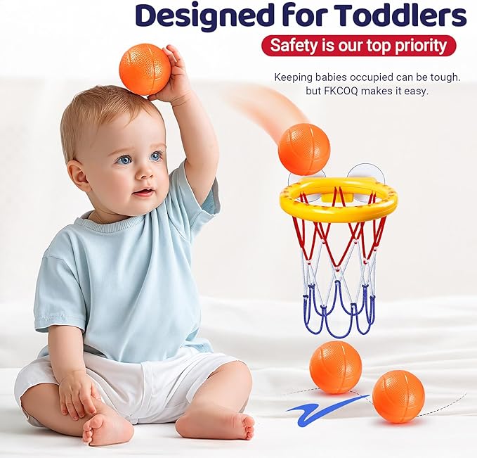 Bath Toys, Bathtub Basketball Hoop for Toddler Kids - 5 Soft No-Hole Balls, Yellow Duck Cartoon Style with Strong Suction Cups, Baby Shower Toy Set for Boys & Girls, Gift-Ready