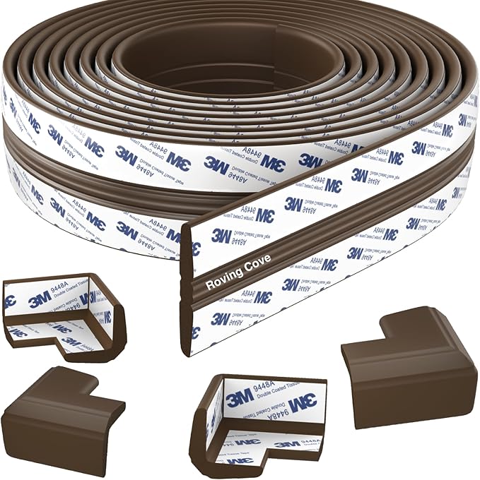Roving Cove PreFit (Classic) Furniture Edge Corner Protector (Standard 15ft Edge 4 Corners), Baby Proofing Bumper Guards, Coffee Brown, Pre-Taped, for Straight Smooth Surfaces