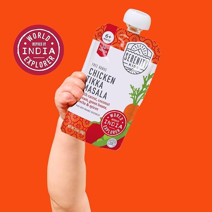 Serenity Kids 6+ Months Toddler Food Pouches - 3.5 oz, Pack of 6-5g Protein & Baby Food Protein Pouches - Chicken Tikka Masala & Chicken Puree - Quick Toddler Meals & Baby Snacks