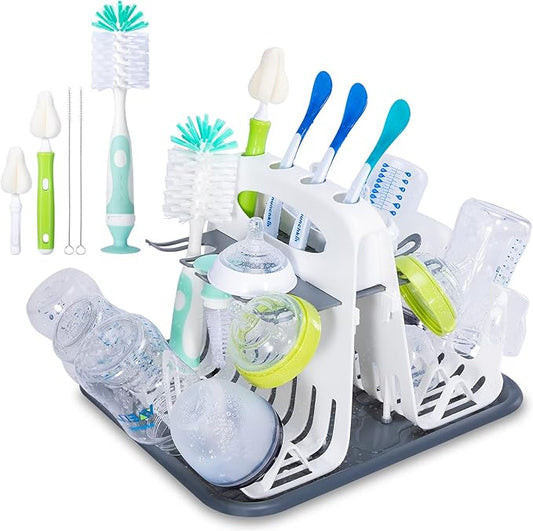 High Capacity Drying Rack with 5pcs Brushes, Deluxe Countertop Drying Rack, Universal Drying Station, Baby Bottle Drying Rack with Bottle Brushes, White
