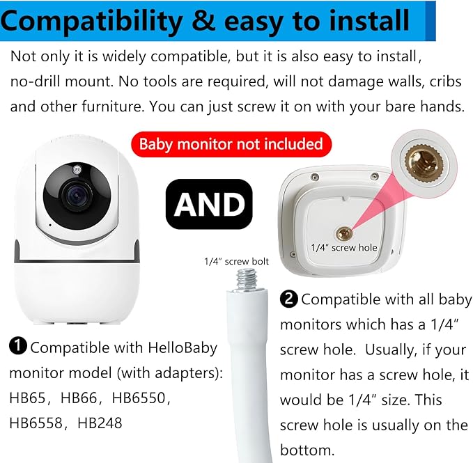 Floor Stand Monitor Mount with Arm Compatible with HelloBaby HB65 HB66 HB6550 HB6558 HB248, for Standing Baby, Floor Stand Baby Monitor Mount Holder Arm Floor Stand Camera Mount Holder for Hello Baby