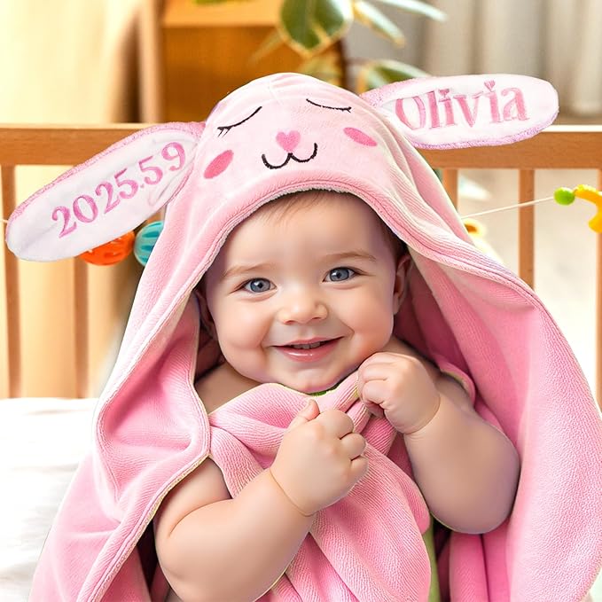 Custom Hooded Baby Towel with Name, Personalized Soft Absorbent Bunny Bath Towel, Shower Towels for Girls Boys, Easter Brithday for Baby, Toddler, Newborn Essential