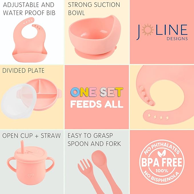 Silicone Baby Feeding Set - Perfect silicone plates for baby & Toddler Plates with lid, Baby Bowls with Suction, Baby Utensils - Baby Led Weaning Supplies & Eating Essentials - (Peach)