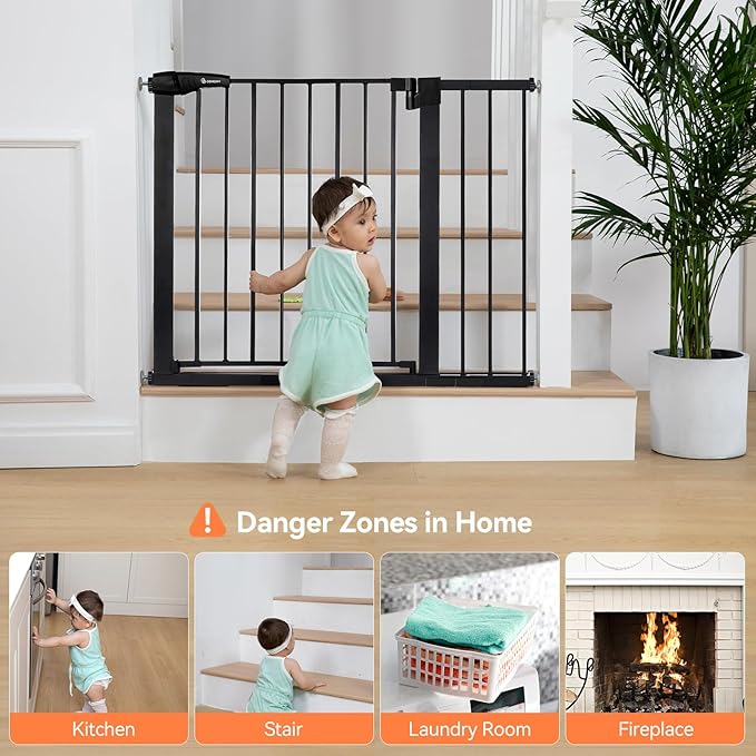 COMOMY 30" Tall Baby Gate for Stairs Doorways, Fits Openings 29.5" to 40.5" Wide, Auto Close Extra Wide Dog Gate for House, Pressure Mounted Easy Walk Through Pet Gate with Door, Black