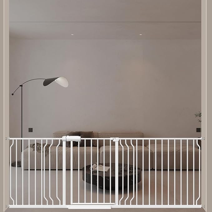 ALLAIBB Extra Wide Pressure Mounted Baby Gate Walk Through Child Kids Safety Toddler Tension White Long Large Pet Dog Gates with Extension for doorways Kitchen (71.65-85.03"/182-218cm, White)